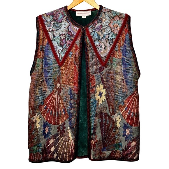 reggie morton Jackets & Blazers - Vintage 80s Reggie Morton Tapestry Suede Vest Colonial Colorful Cottage Designer